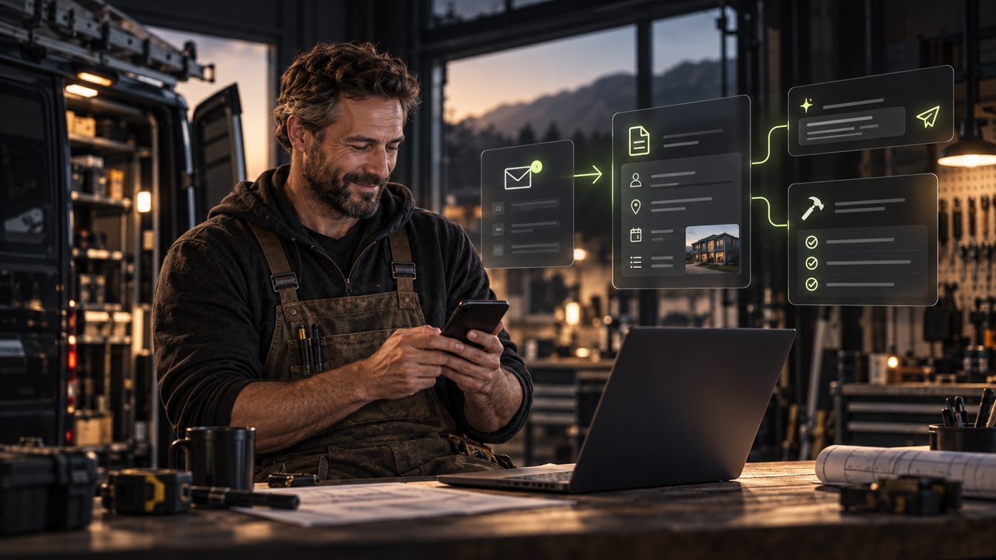 Handwerker arbeitet mit Smartphone und digitalem Workflow im Hintergrund